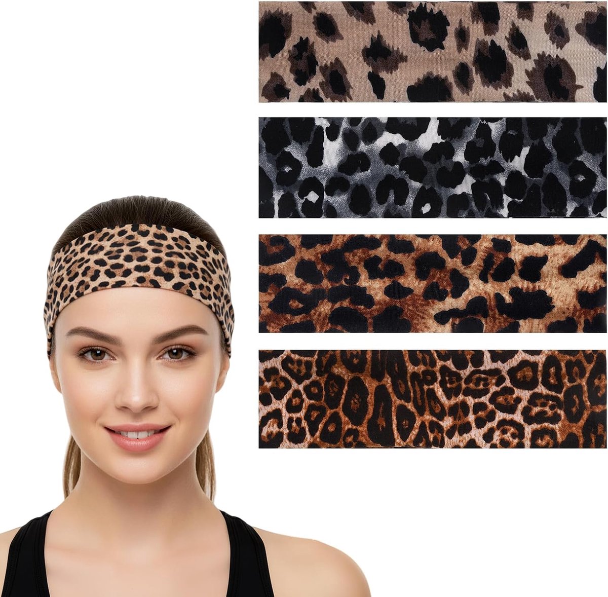 Set of 4 headbands for men and women, leopard pattern, non-slip, stretchy sweatband, forehead, hair bands, sports hair - ShopVlot