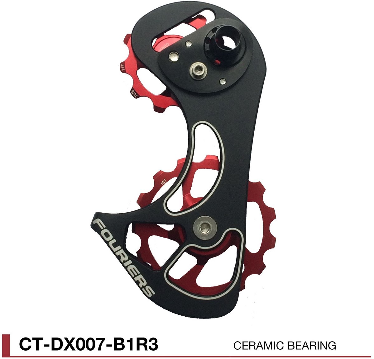 FOURIERS Oversized Derailleur Cage (CT-DX007-B1R1) - CNC-gefreesd - Aluminium Cage en Pulley - 11T/15T - Keramische Lagers - Zwart-Rood - Shimano RD 9000 / 9070