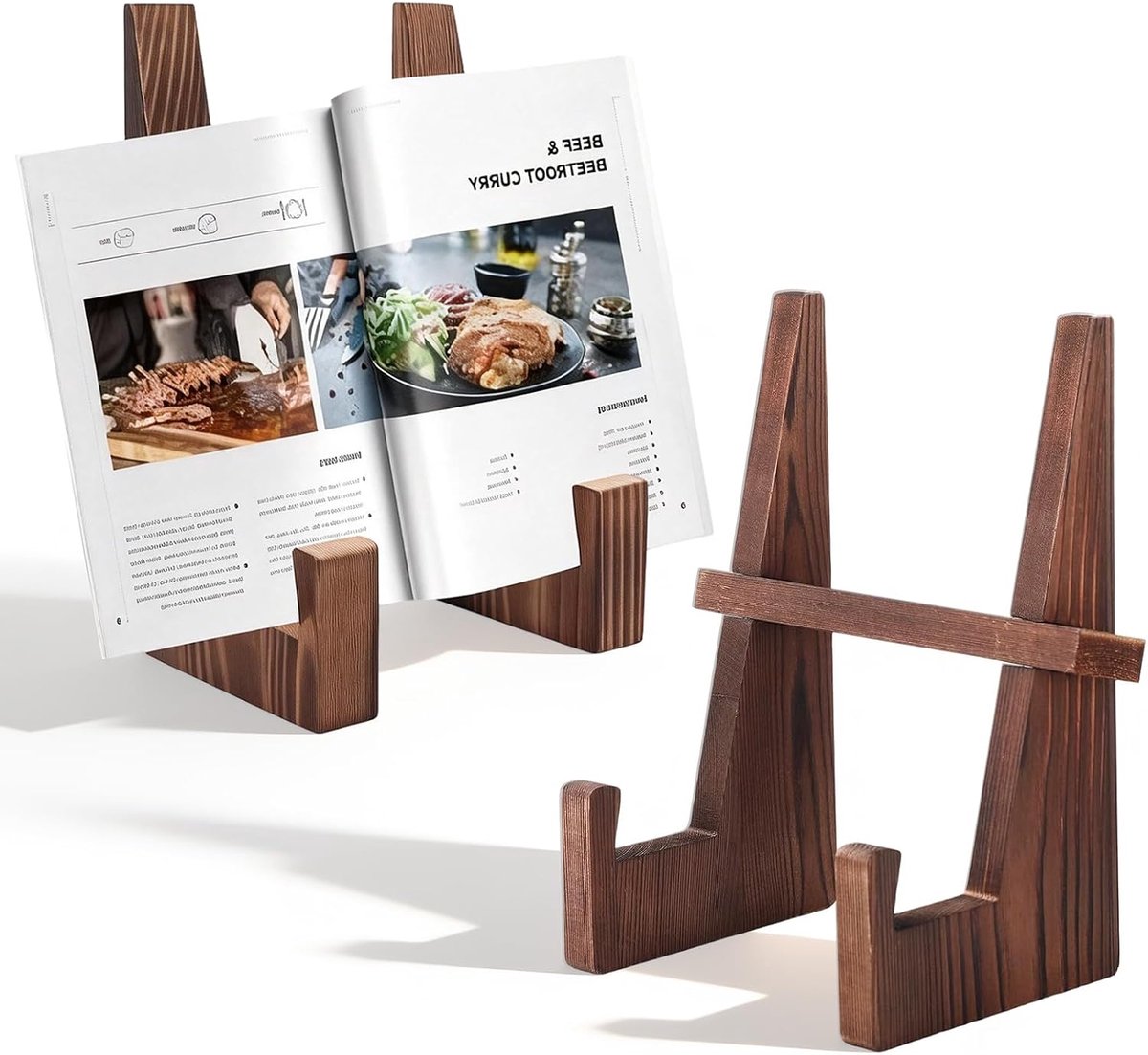 2 stuks kookboekhouders, boekenstandaard van H-vormig hout, kookboekstandaard voor aanrecht, stabiele standaard voor - ShopVlot