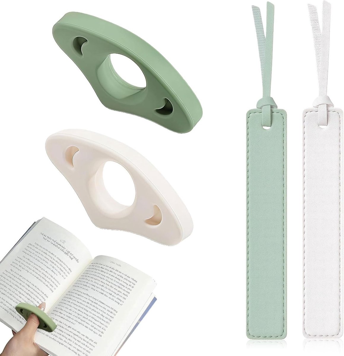 Boekaccessoires Set: 2 ademende siliconen duimsteunen en 2 klassieke leren boekenleggers voor boekenliefhebbers en avid readers