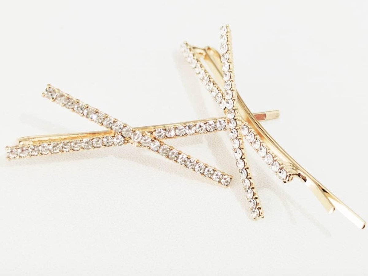 2 x Crystal Hair Pins Beautiful Shiny Metal Hair Pins Gold X Shape for Women - ShopVlot