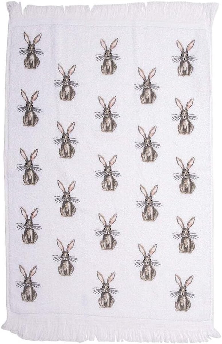 Clayre & Eef Guest towel 40x66cm White Brown Cotton Rabbit Toilet towel - ShopVlot