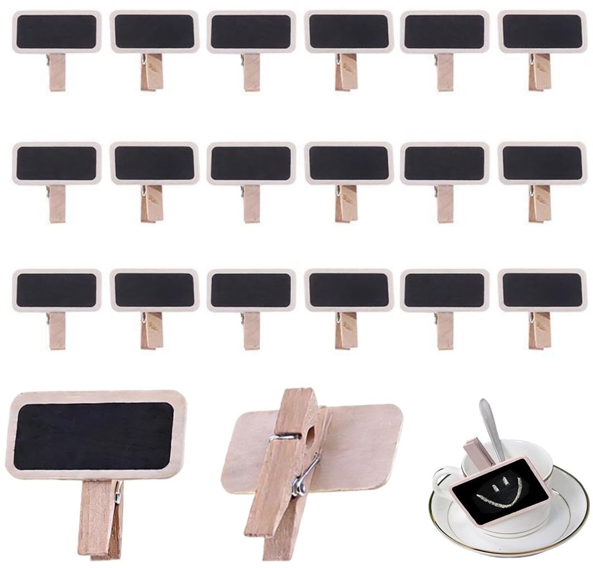 Solidchoice - Set van 20 Mini Krijtbord Clips met Houten Wasknijpers