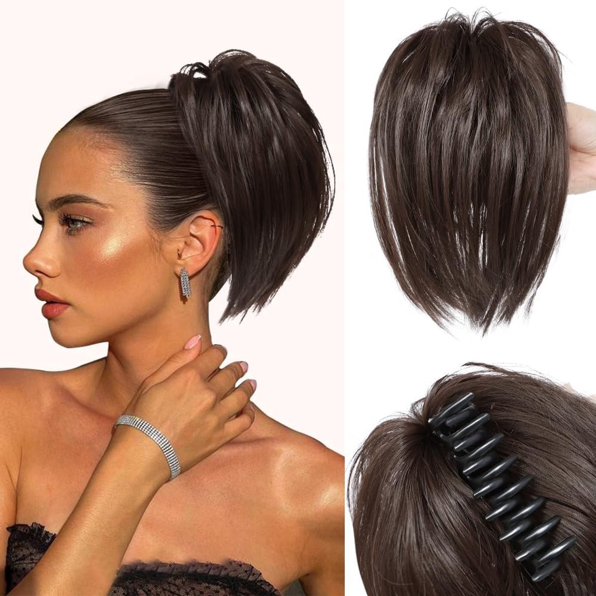 Ponytail Clip in 26 cm - Donkerbruin - Natuurlijk uitziende synthetische haarextensie - Ideaal voor een snelle look - ShopVlot