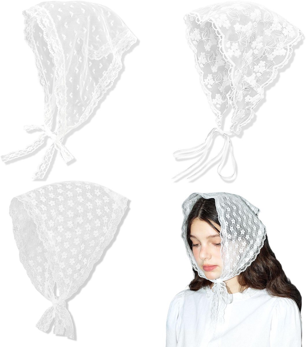 Solidchoice - Set van 3 Elegante Witte Bloemen Lace Hoofddoeken