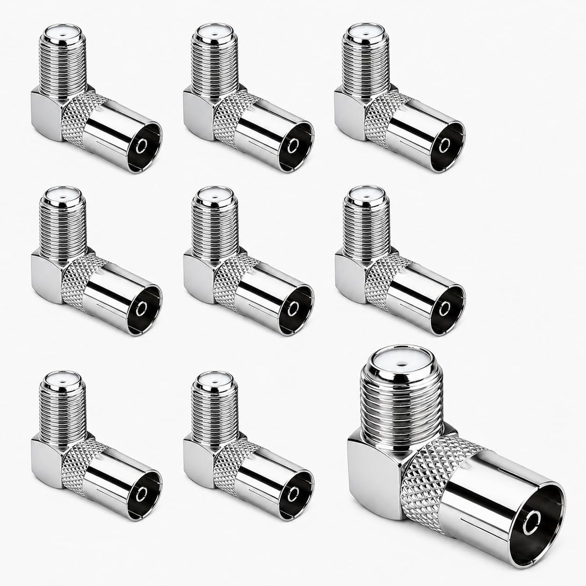 Coaxiale adapter set 10 stuks - 90 graden F-type naar PAL - voor satelliet en antenne - veelzijdige oplossing - ShopVlot