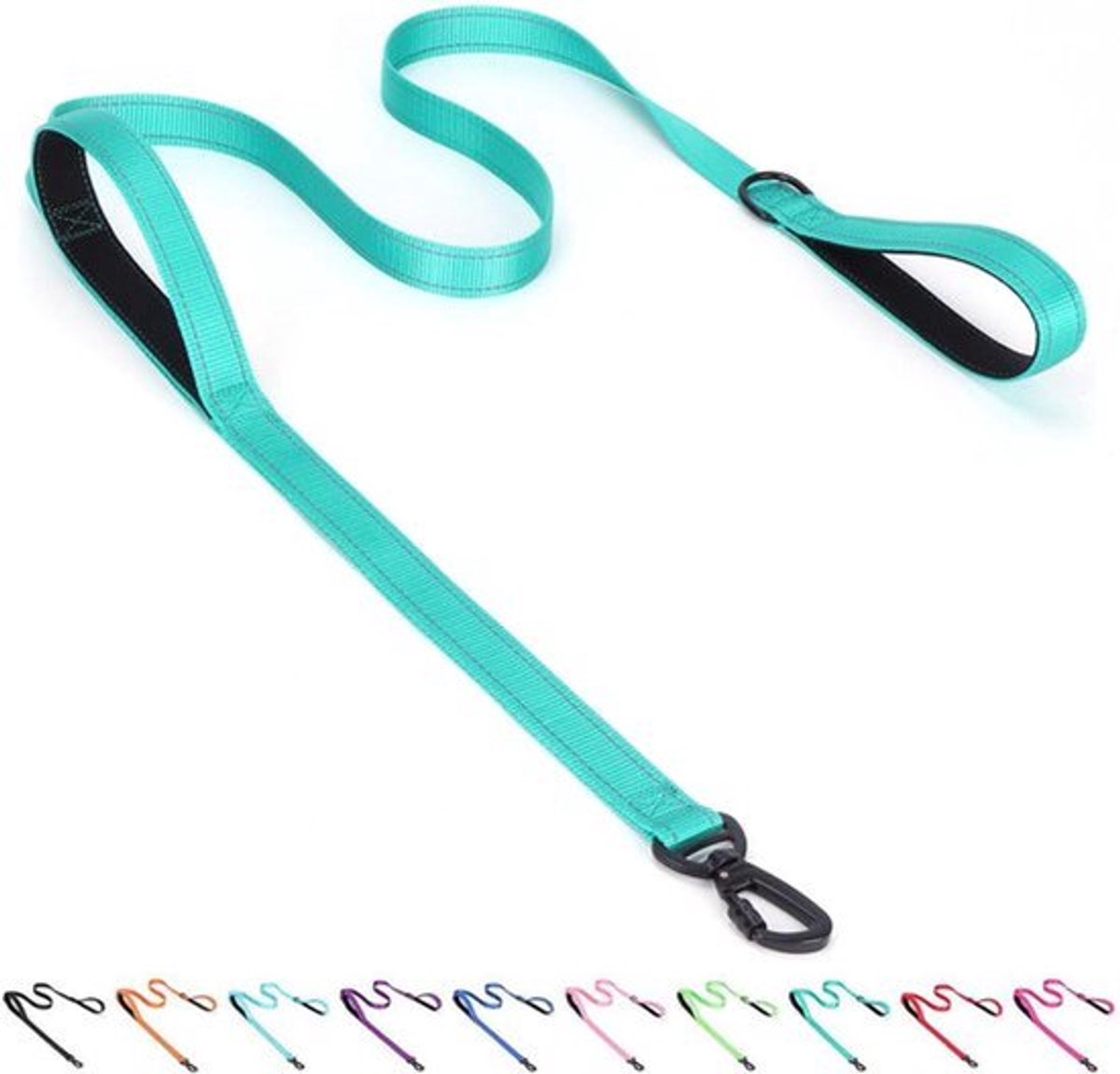 Reflecterende nylon hondenriem met twee handvatten - zwaar belastbaar en gewatteerd voor nachtveiligheidstraining