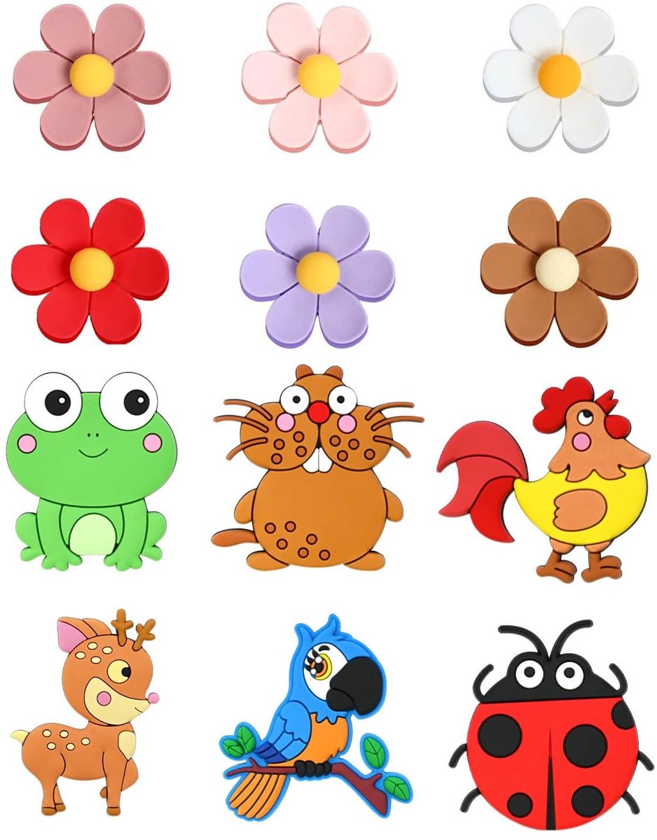 Solidchoice - Set van 12 3D Koelkastmagneten met Dieren en Bloemen
