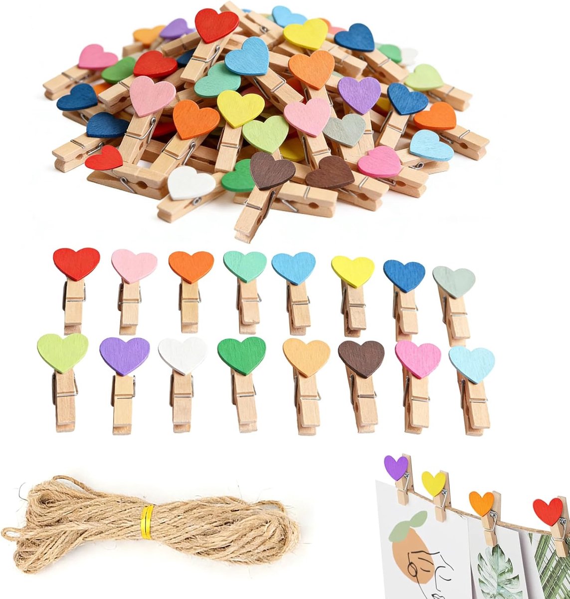 Houten Hart Clips 3,5cm - Mini Klemmetjes met 20 Meter Touw - Kleurrijk voor Foto's en Decoratie - ShopVlot