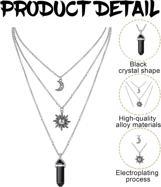 Zwarte kristallen ketting - 3 in 1 gelaagd - zon en maan design - perfect voor Y2K outfits - ShopVlot — afbeelding 2