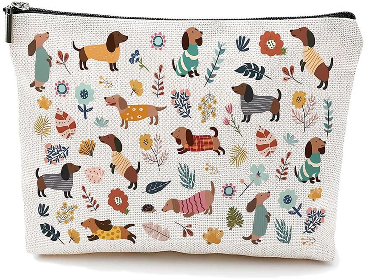 SnelShoppen - Dachshund Makeup Bag Groot Reistas voor Make-up, Canvas met Rits, Multifunctioneel voor Sieraden, Borstels, Verzorgingsproducten, Grappi