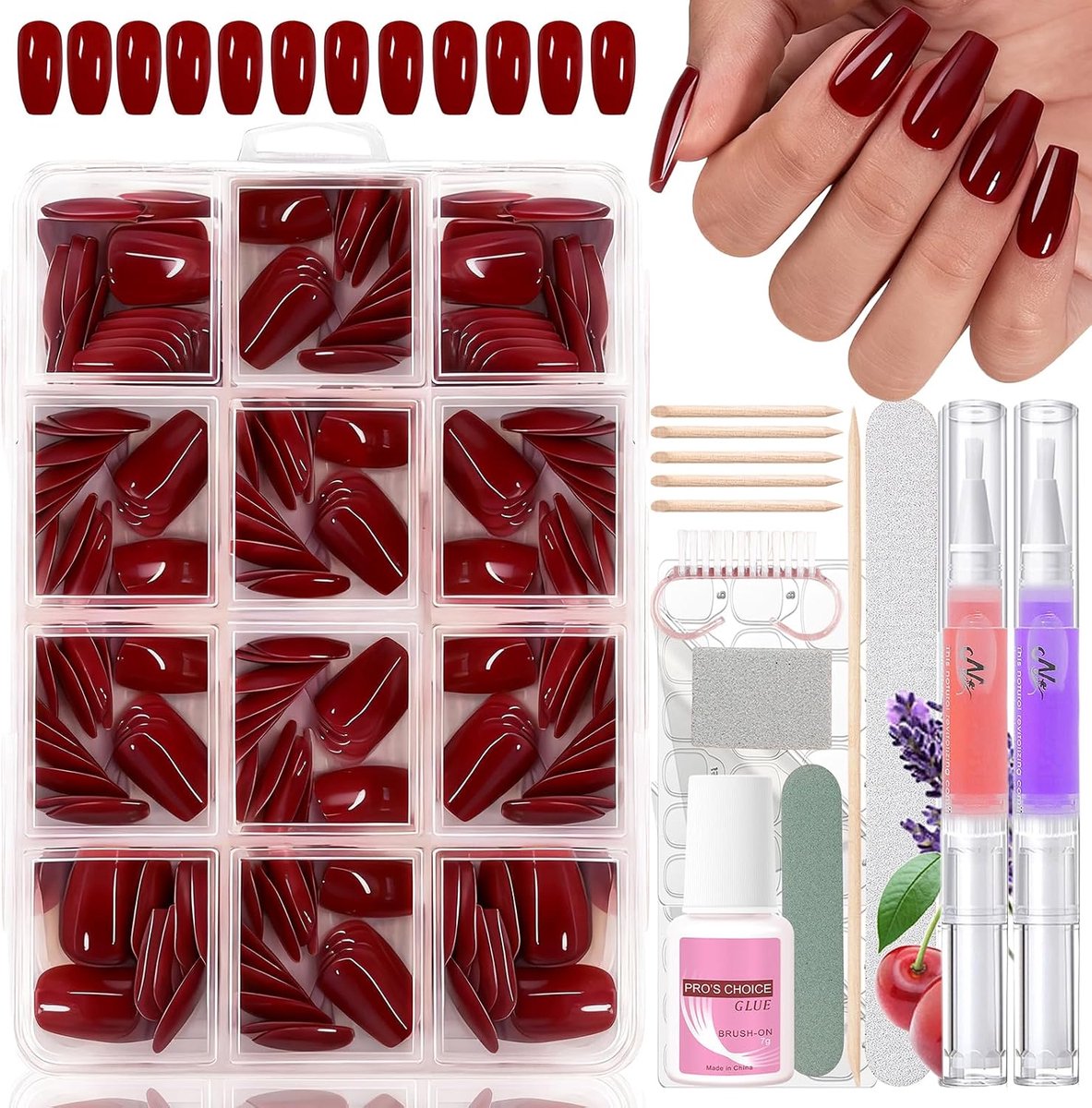 Valse Nagels 240 Stuks - Ballerina Korte Valse Nagels - Burgundy Softgel - Compleet DIY Set - ShopVlot