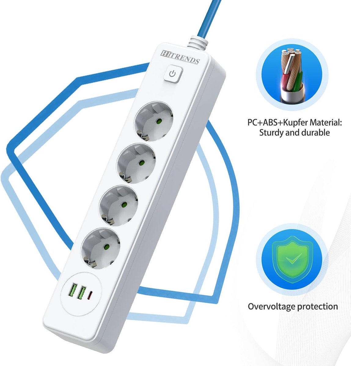 CEE-stekkerdoos 4-voudig - 5 m campingkabel - 3-polige stekker - ideaal voor campinggebruik - ShopVlot