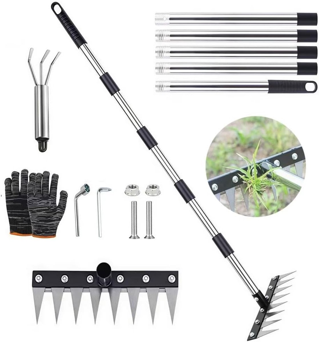 Onkruidschaar met lange steel - Roestvrij staal - 185 cm - Telescoopsteel met 8 Tanden - Voor Tuin en Terras