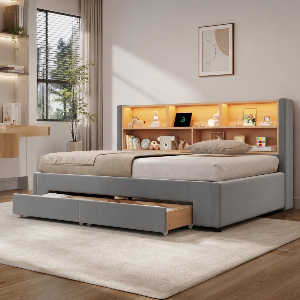 OKWISH Bedbank 90x200 cm - Uitschuifbaar Tot 180x200 cm - Met 2 Laden, USB en LED - Zonder Matras - Fluweel - Grijs