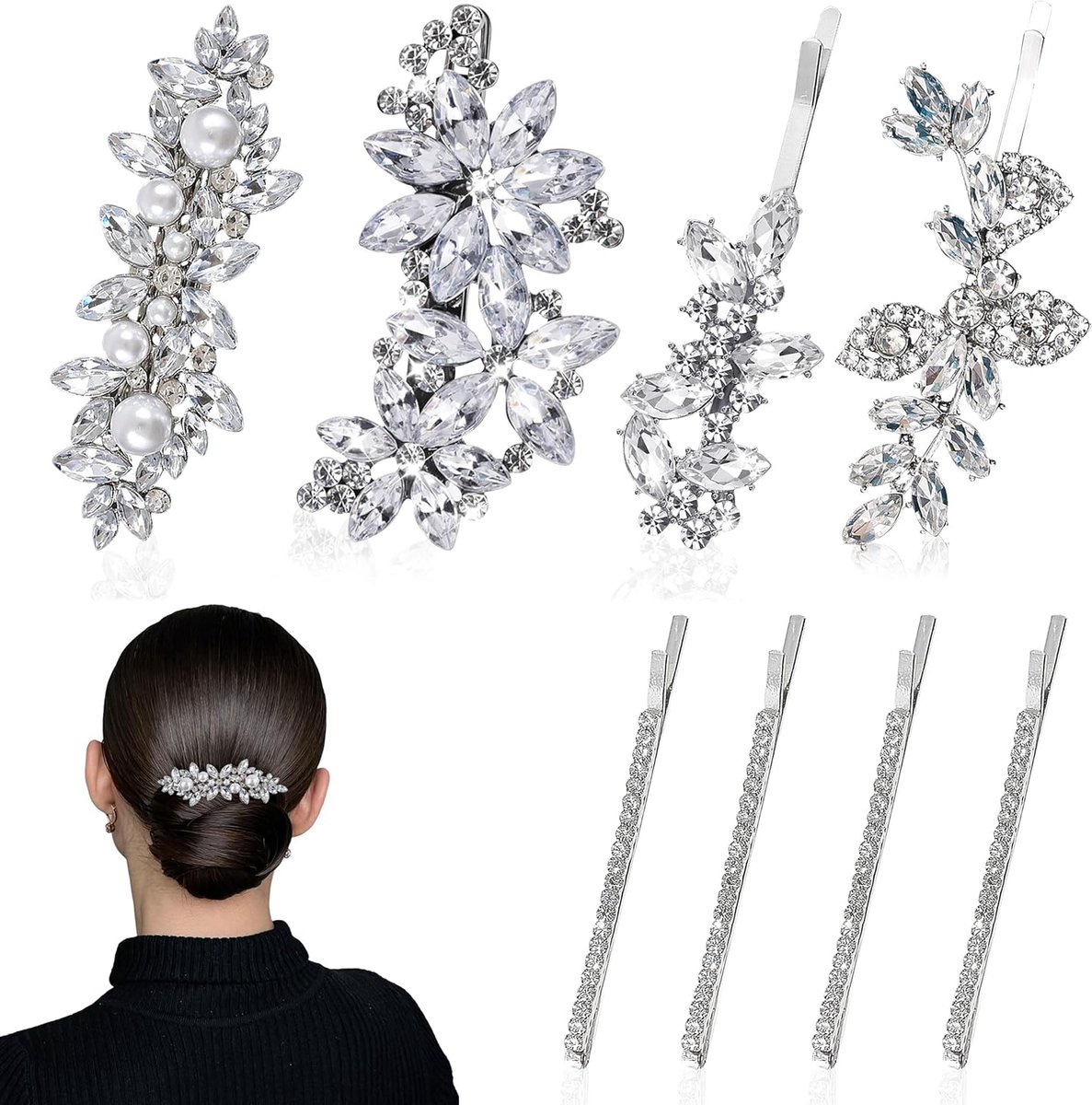 Haarspelden met rhinestones - 8 stuks zilver - elegante haaraccessoires - perfect voor bruiloften - ShopVlot
