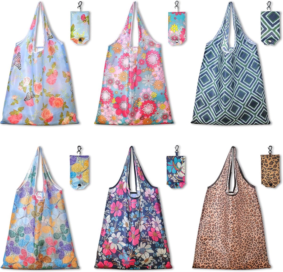Vouwbare boodschaptassen 6 stuks - groot formaat - polyester - ideaal voor dagelijkse boodschappen - ShopVlot