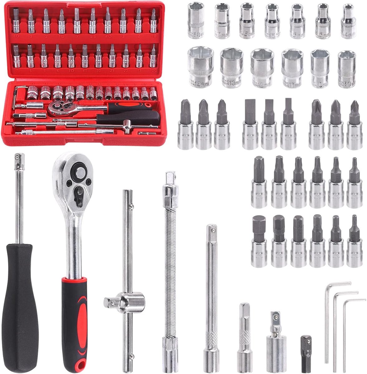 Ratchet steeksleutel set 1/4 inch - 45-delig met opslagdoos - veelzijdige accessoires - ShopVlot