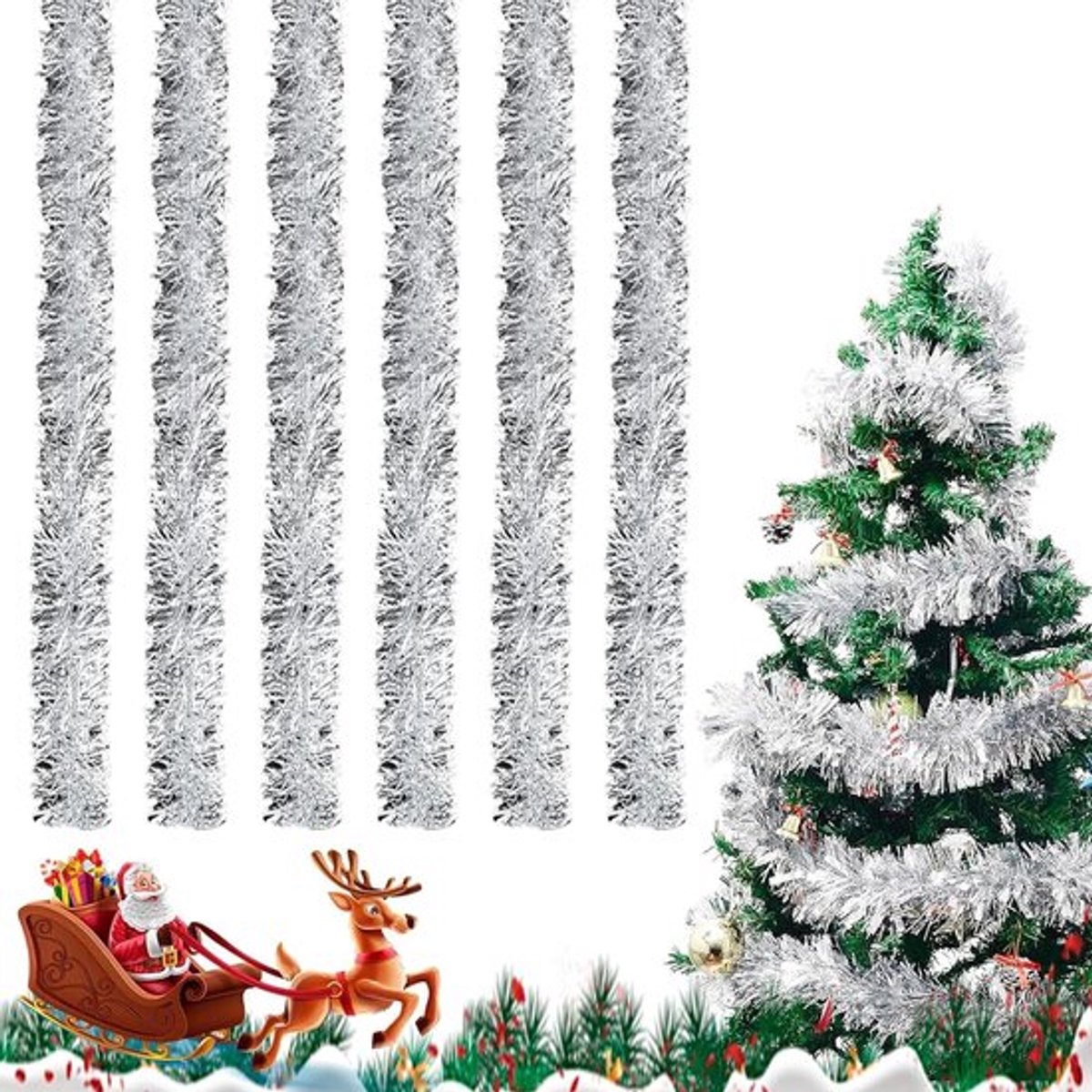 Lametta kerstboom - 6 stuks - vormbaar - glanzend - zilverkleurig - kerstdecoratie - ideaal voor knutselwerk - Kerstslinger