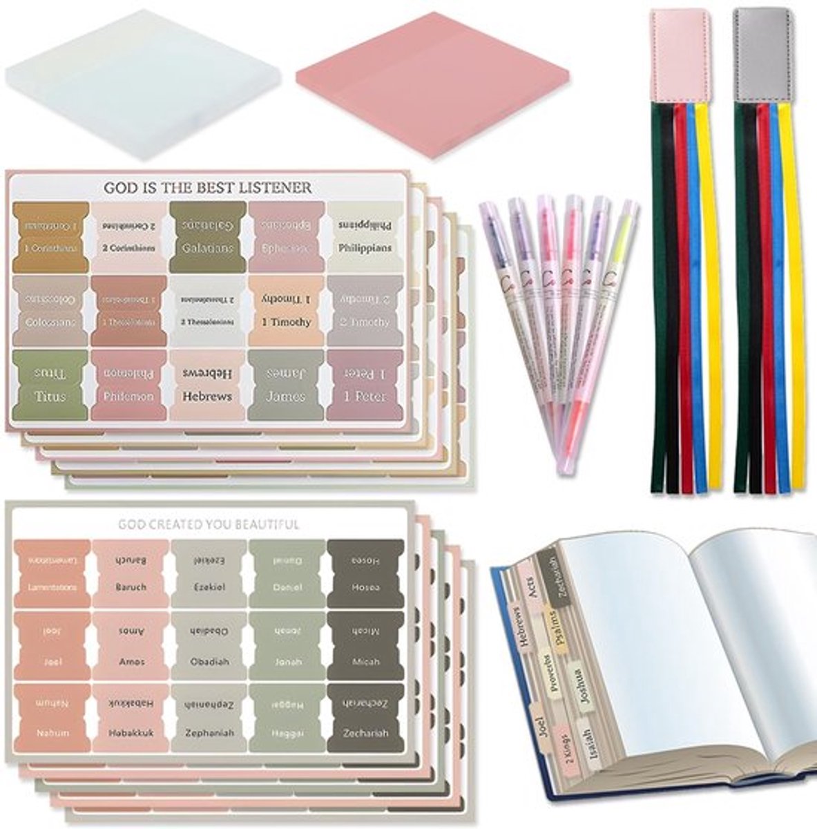 Bijbel Kit - 150 Indexering Tabs - 2 Lint Bladwijzers - 6 Gekleurde Markeerstiften - 100 Transparante Sticky Notes - Rijke Bijbelstudieset