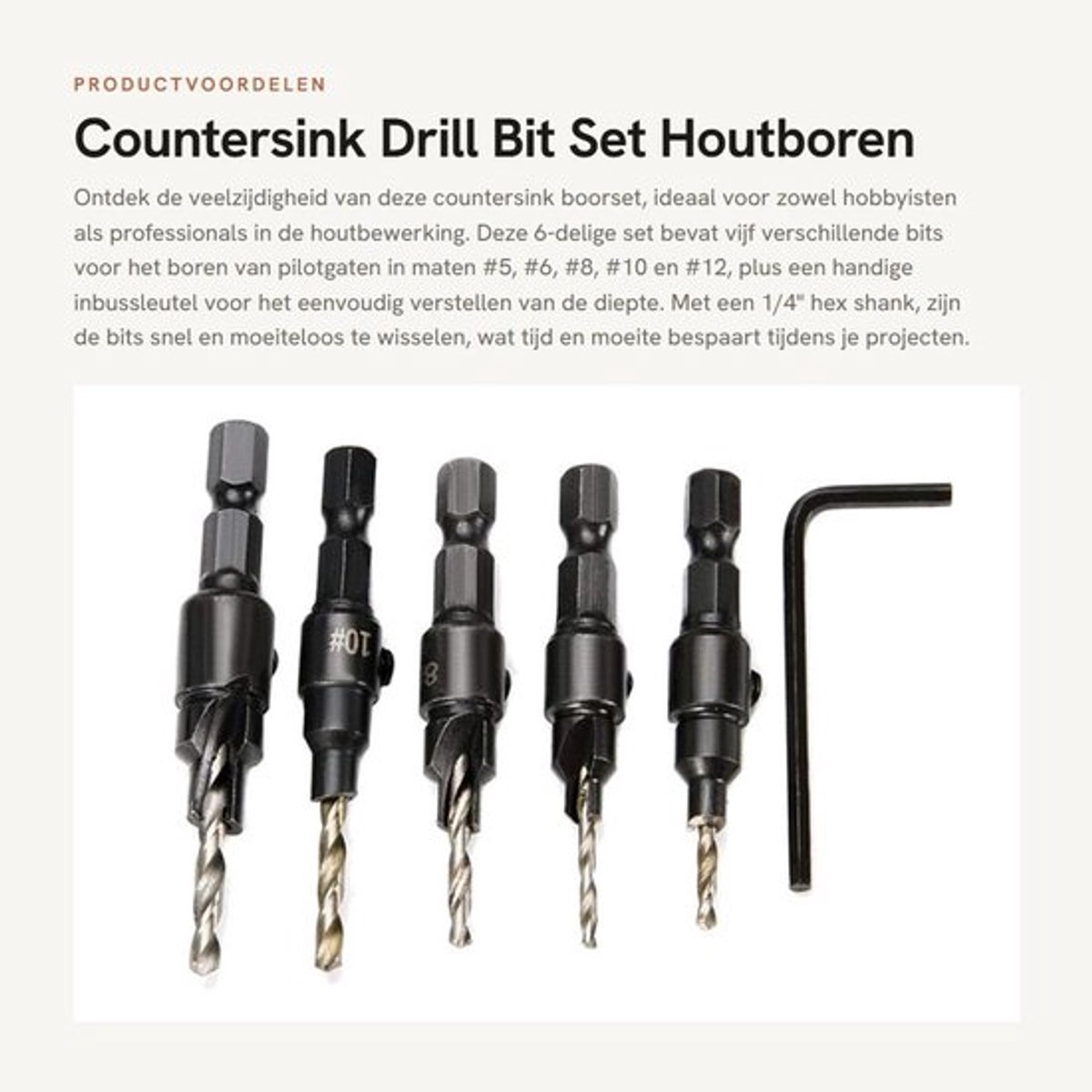 Verzinkboor Set 6-delig - HSS Stalen Bits - Zeskantschacht 1/4" - Voorboren en Verzinken - Verstelbare Diepte - Inclusief Zeskantsleutel - Boorset