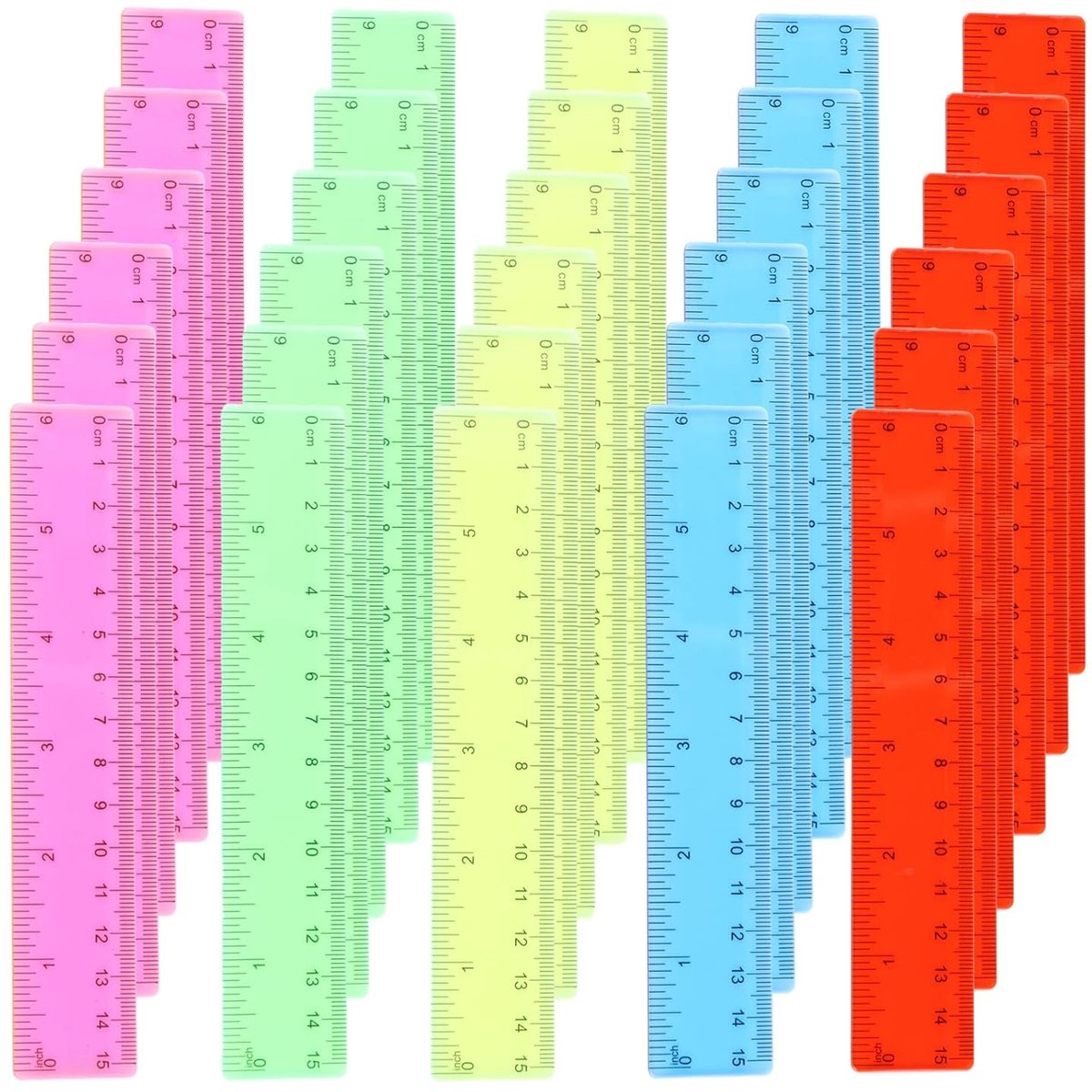 Transparante liniaal 15cm - 100 stuks in felle kleuren - plastic liniaal met inches - ideaal voor school en kantoor - ShopVlot