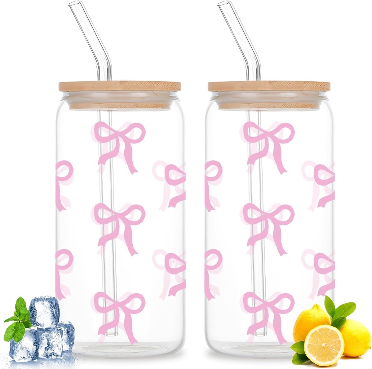 Drinkglas met Deksel en Rietje - 2 stuks met Roze Strik - Transparante Can Vormen - ShopVlot