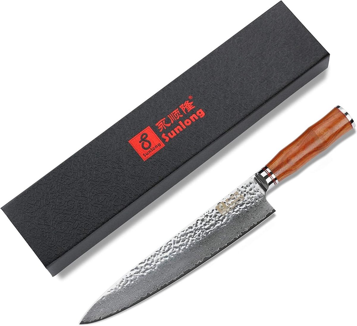 Sunlong Gyuto 10" Pro Chef Knives - Japanese Hammered Damask Steel - Natural Rose Wooden Handle - ShopVlot