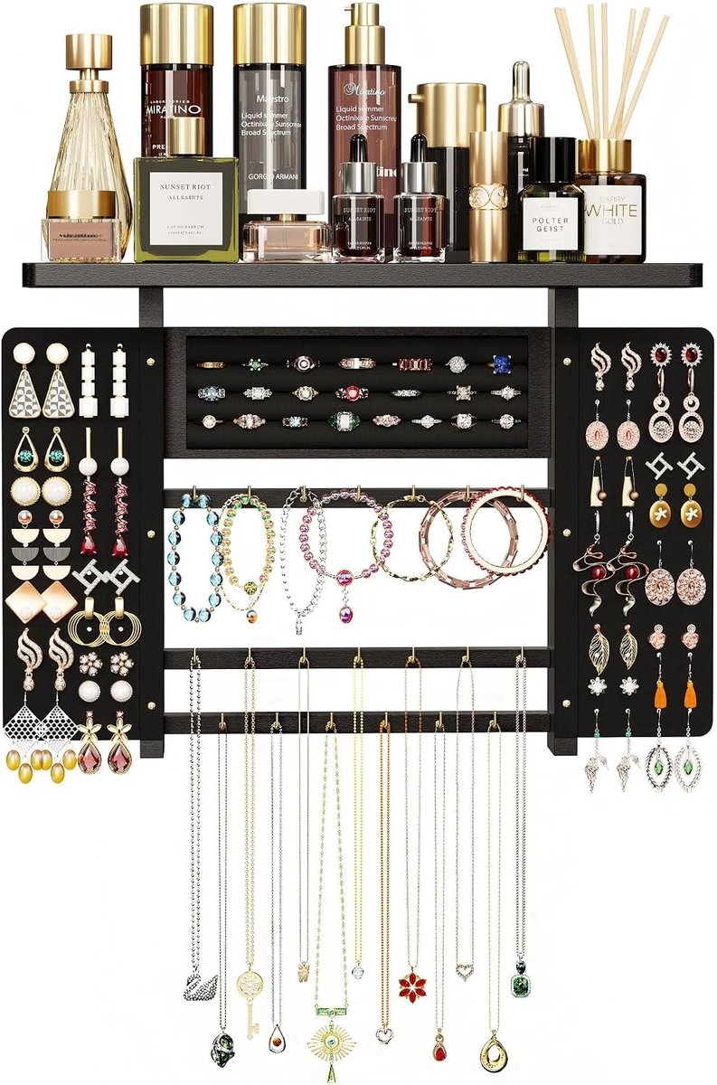 Earrings Storage Box 4 Tier Wall Holder Earring Holder Jewellery Stand Wood Large Space with 20 Hooks and Tray - ShopVlot
