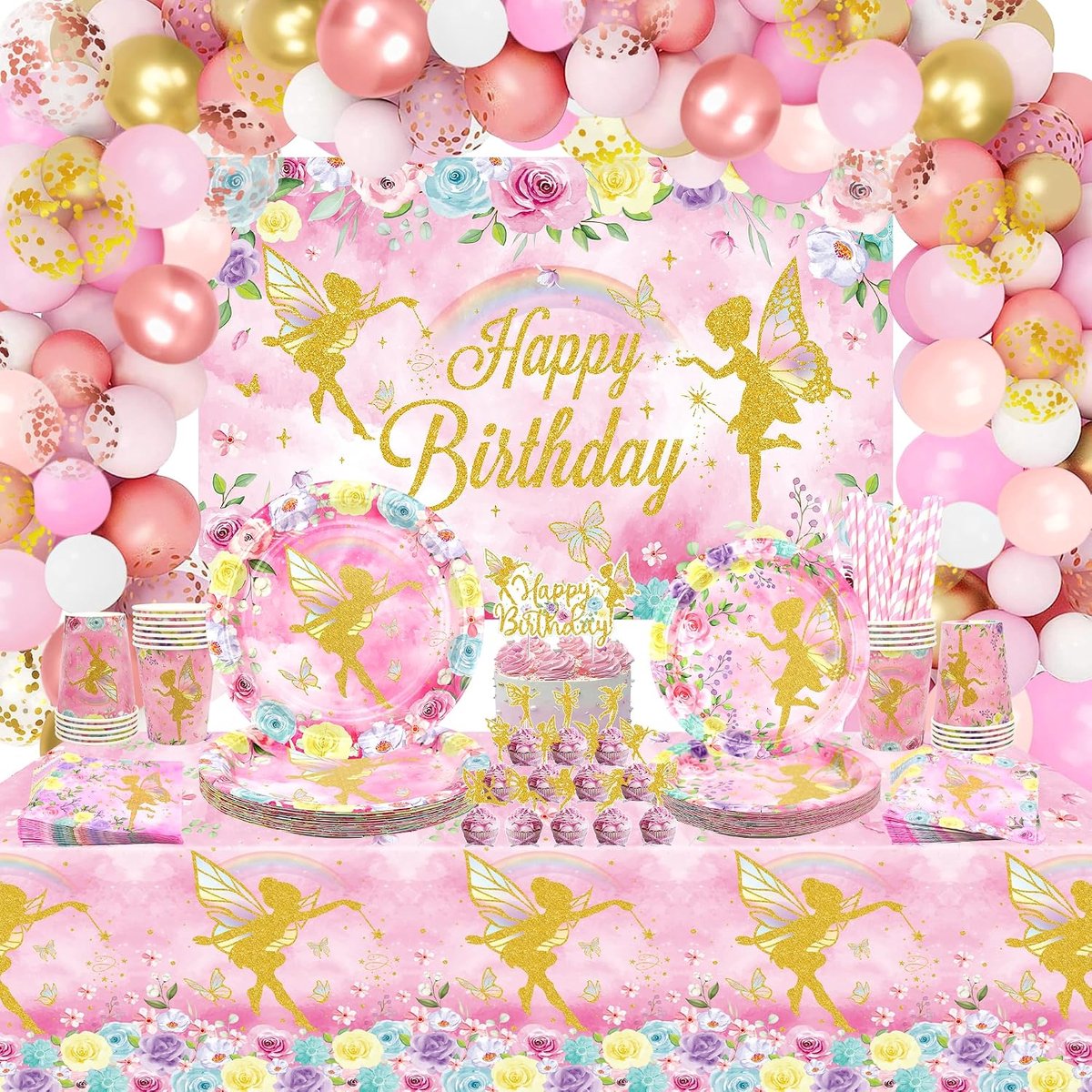 Fairy Birthday Party Decoration - Fairy Party Favors, Plates Cups Napkins Tablecloth Happy Birthday Background - ShopVlot