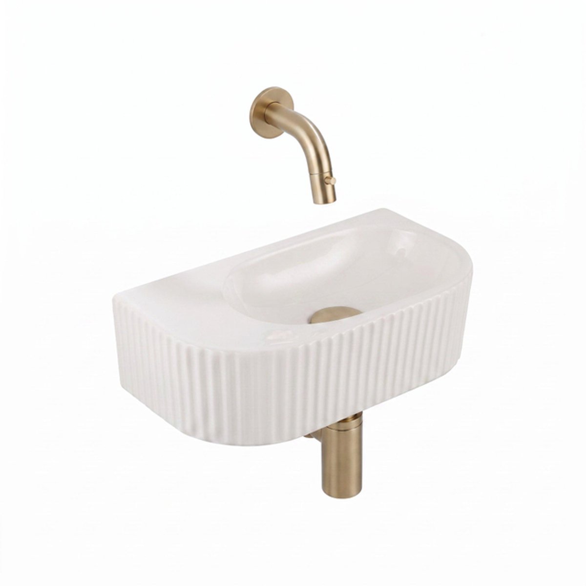 QeramiQ Fuente fonteinset – halfrond – 40x22x12 cm – zonder kraangat – geborsteld messing kraan – geribbeld