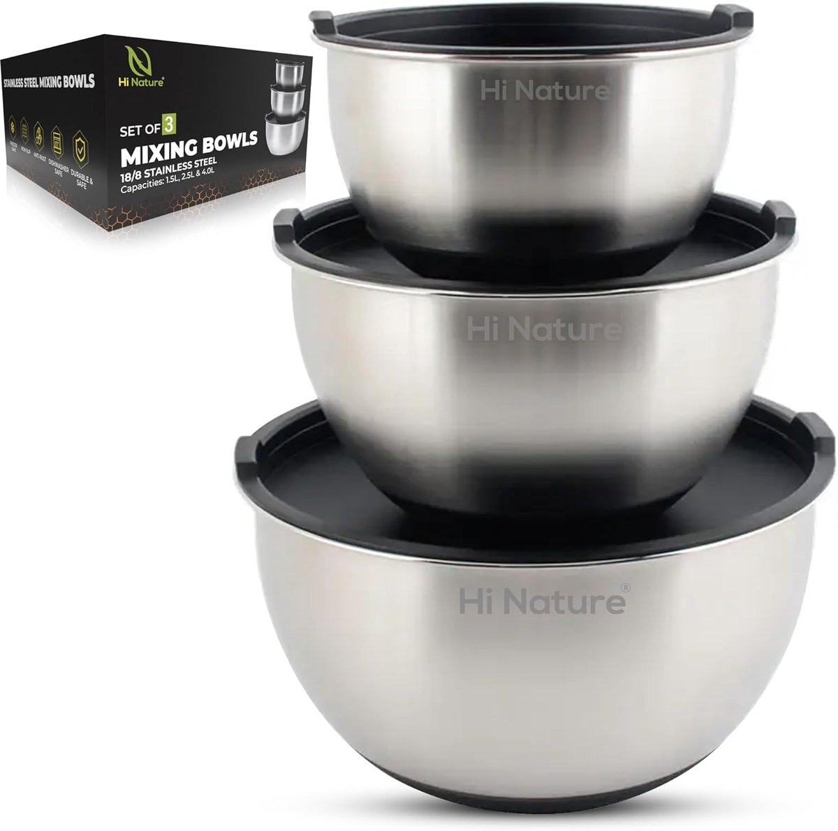 Hi Nature™ Mixing Bowl Set with Lid Stainless Steel - 3-Piece Stainless Steel Mixing Bowl Set with Lid - ShopVlot