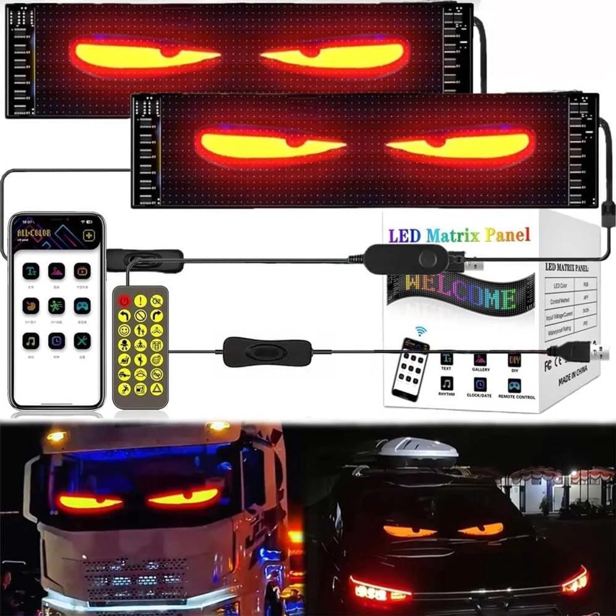 NEWFUN LED Eyes for Car, 5V/2A, Bluetooth Smart Apps, LED RGB Panel, Personalised Light Advertising for Cars, Pack of - ShopVlot