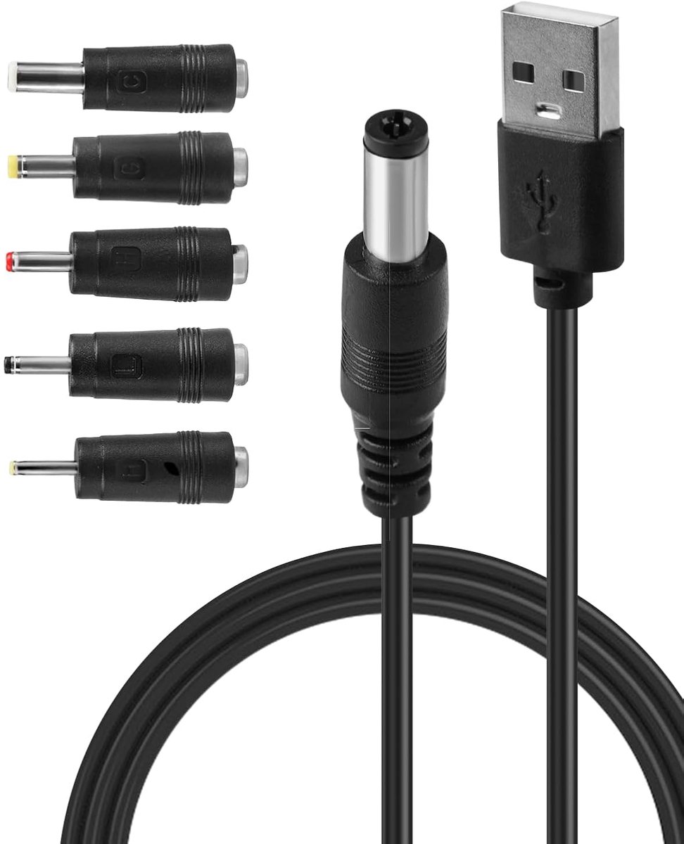 USB 2.0A naar DC 5.5mm 1m - 5V oplader - 5 verwisselbare connectors - ideaal voor diverse apparaten - ShopVlot