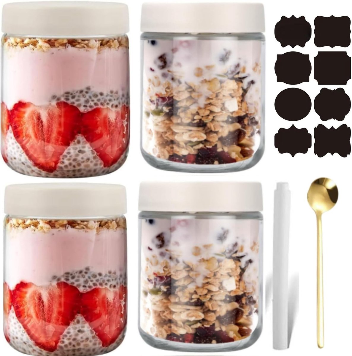 Set van 4 Herbruikbare Glazen Jars van 500ml voor Overnight Oats, Salades, Yoghurt en Jam met Schroefdeksel