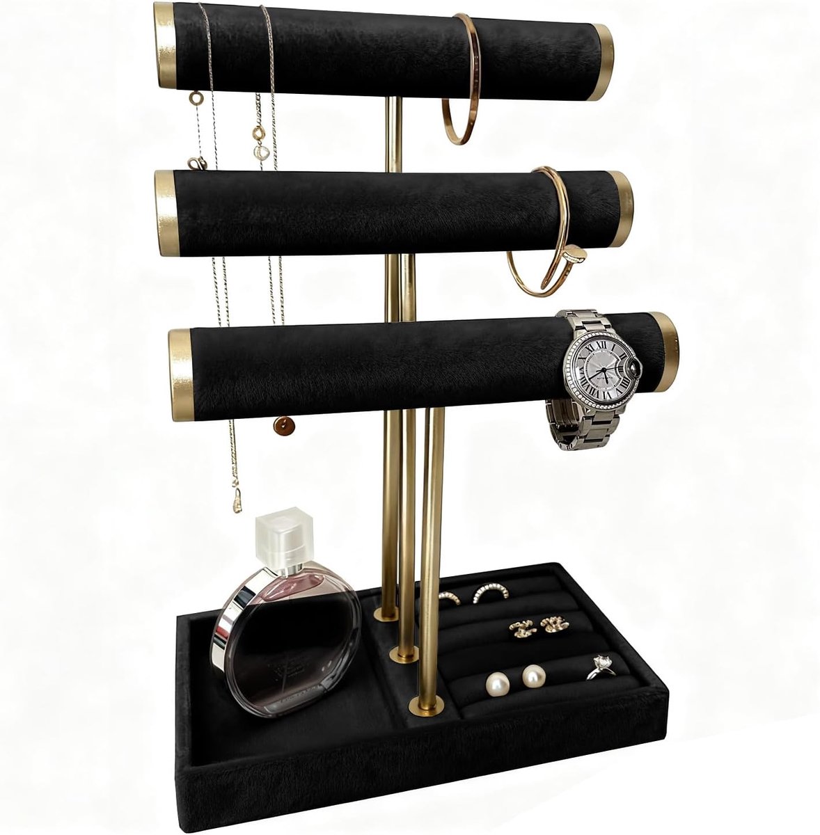 Sieradenorganiser 3-laags - Verwijderbare velours metalen armbandhouder - Opbergruimte voor ringen en oorbellen - ShopVlot