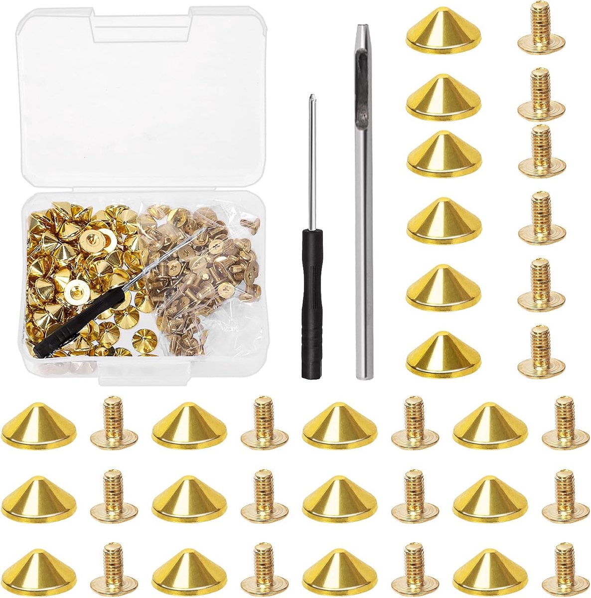 Cone spikes 10mm goud - 100 sets met schroeven - inclusief perforator en schroevendraaier - ShopVlot