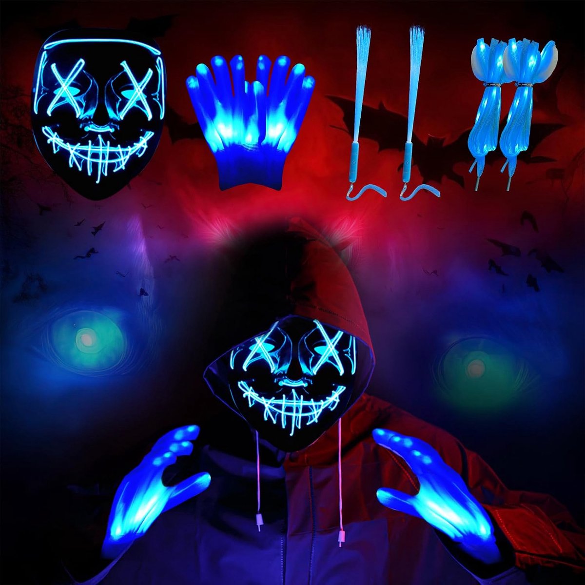 UOY LED Halloween Mask, Purge LED Mask, Luminous Mask with Gloves, Halloween Mask, LED for Cosplay Party and Halloween - ShopVlot