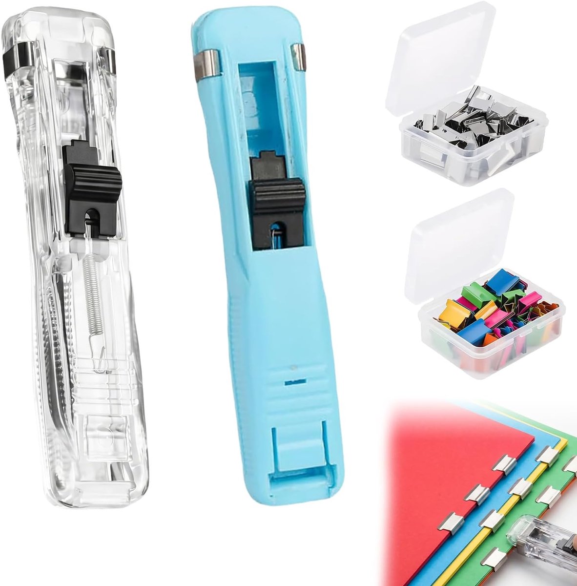 2 stuks Binder Clip Tacker Tragbarer Hefter Mit Binderclips Hefter Mit Binder Clips, inclusief 100 stuks - ShopVlot
