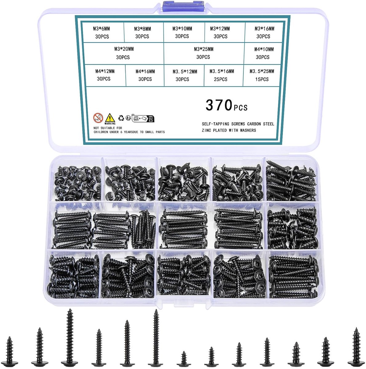 370Pcs Self Tapping Screws Assortment Screws, Cross Head Flat Head Screws with Disc Head for Plastic Wood Metal - ShopVlot