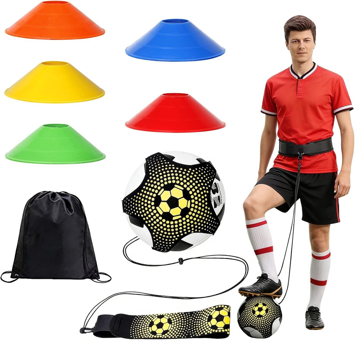 Football Training Set Marker Plates 15 Pcs Ball Recoil Strap Storage Bag Suitable for Balls Size 3 4 5 for Youth Teams - ShopVlot