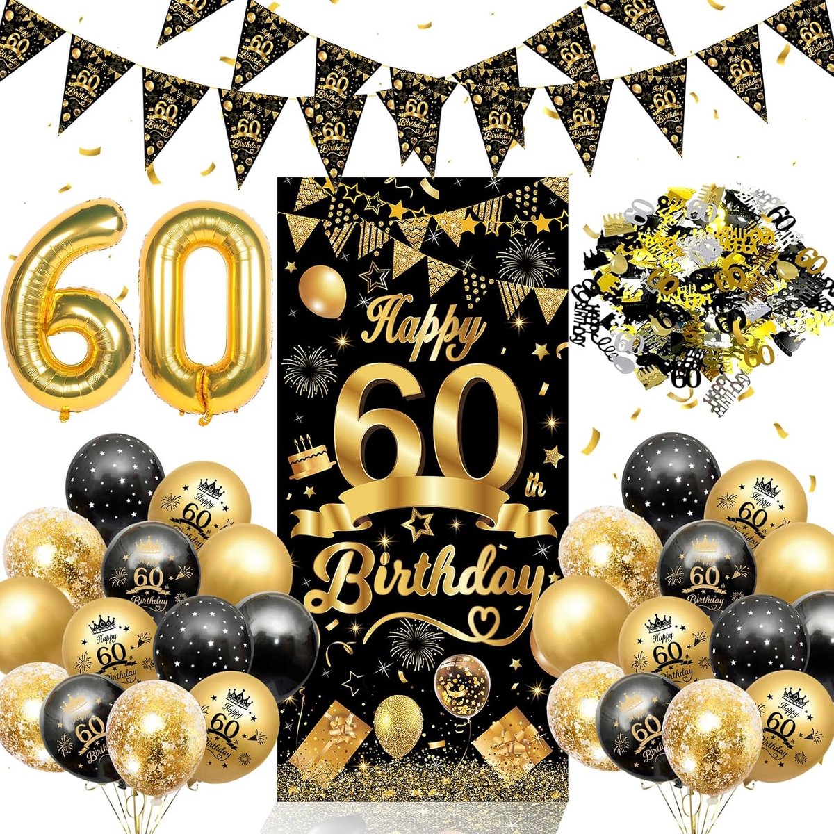 Verjaardag Decoraties - Feestartikelen Set - 60e Verjaardag Vieren - Zwart Goud Thema - 26 Delen - Zwart Goud