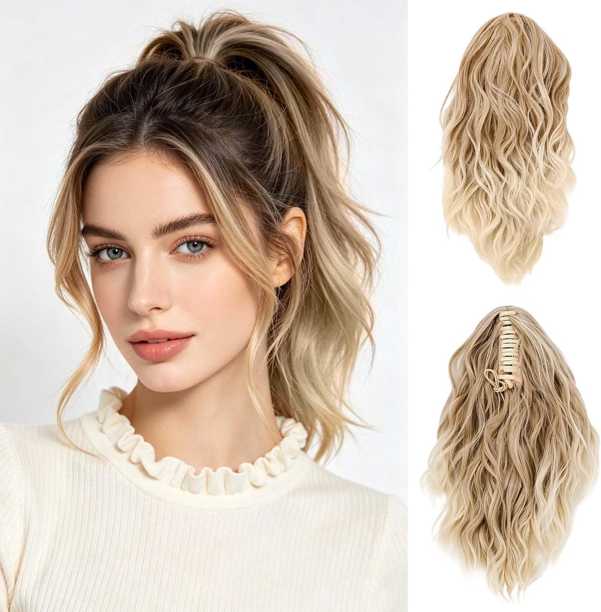 Ponytail Clip Hairpiece 35 cm Wavy Ash Blonde - Women's Ponytail Extension Synthetic Fibre Heat Resistant - ShopVlot