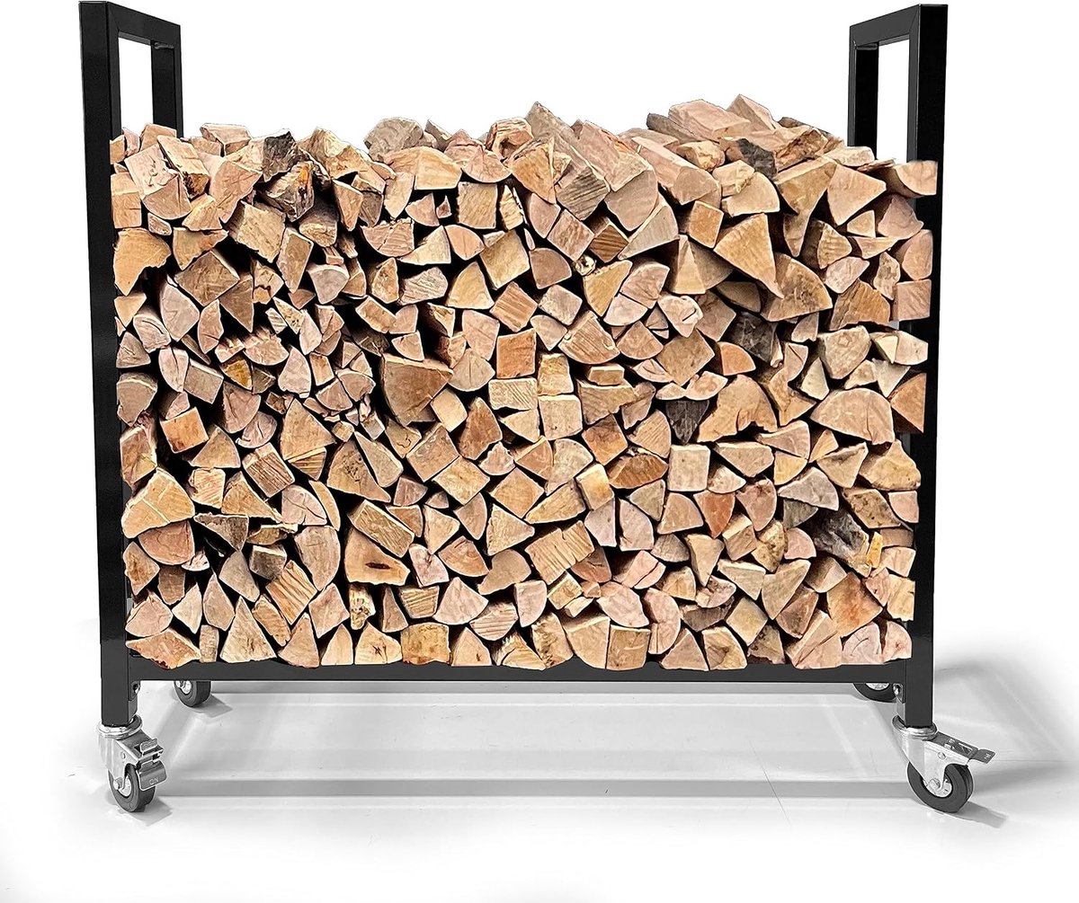 Houtrek Met Wielen - Haardhout Opslag - Haardhout Opslaan - Verstelbare Diepte - 65 x 25 x 65 cm - Zwart
