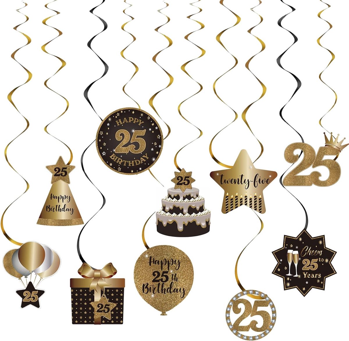 Happy 25th Birthday Party Hanging Swirls Flow Ceiling Decor, Celebration 25 Foil Hanging Swirls with Cutouts for 25 - ShopVlot