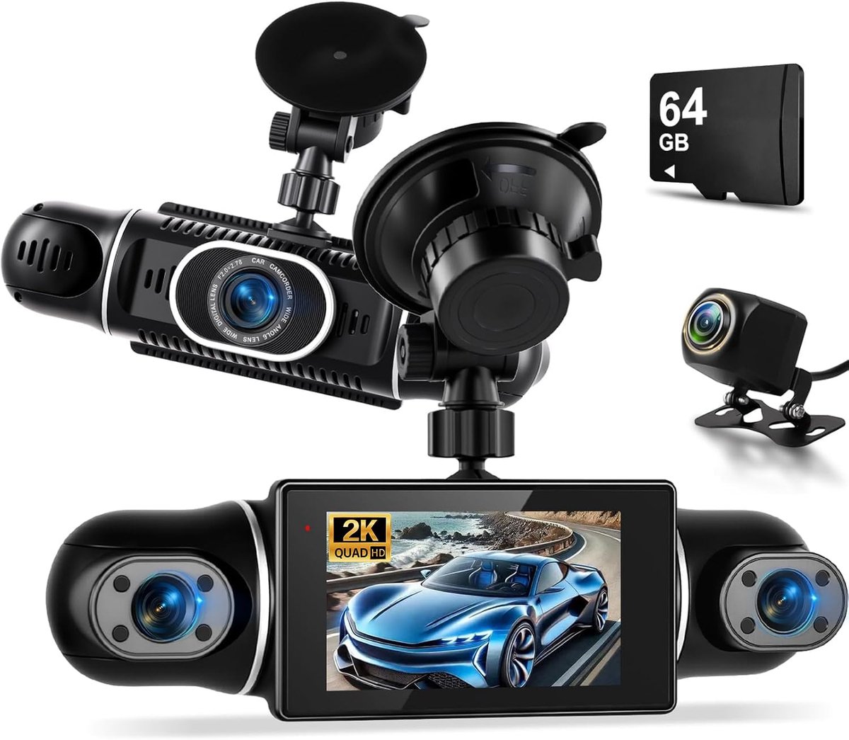 NHOPEEW 2K 360° Dash Cam 4 Channel 3 Inch IPS Screen with G-Sensor WiFi App Night Vision + 64GB Card - ShopVlot