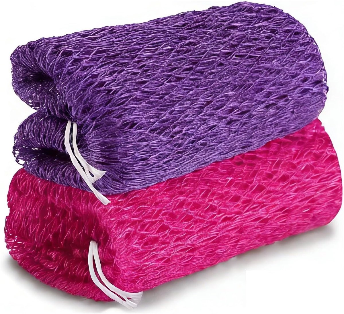 Set van 2 netspons, peelingsponzen, rekbaar Afrikaans net, spons, rugspons met ophangbanden (rozerood, paars) - ShopVlot