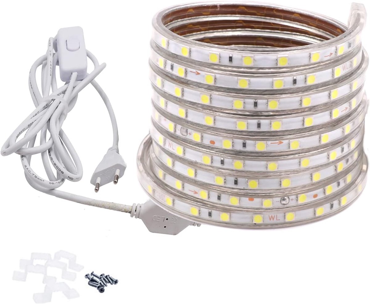 1m LED Strips with Switch Cold White, 220V 230V LED Light Strip, 60 Leds/m LED Strips, IP65 Water Resistant, Mild - ShopVlot