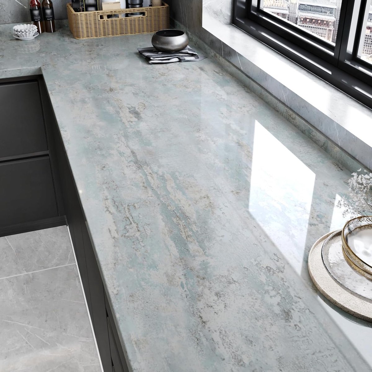 Self-Adhesive Wallpaper Grey Marble Film Adhesive Film Worktop Kitchen Film Wallpaper Bathroom Waterproof 40 x 300 cm - ShopVlot