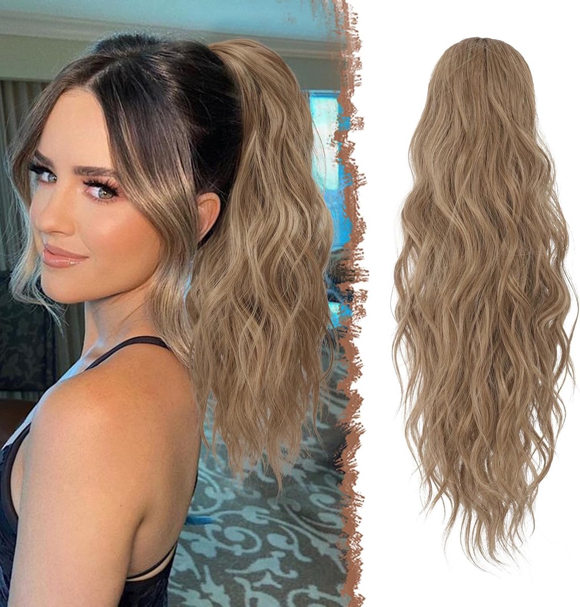 FESHFEN Wavy Ponytail Extensions 45cm Long Hair Ponytail Extensions with Cord Light Brown Blend of Natural Blonde Hair - ShopVlot